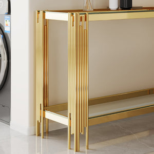 English Elm Top Double Layer Console Table With Tempered Glass Shelves & Luxe Gold Stainless Steel Frame Design W1241S00395-GIGA