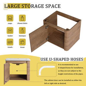 English Elm 24'' 24" Wall-Mounted Bathroom Vanity with Ceramic Sink, Soft-Close Door, Plywood Build, Space-Saving Design Imitative Oak W999P317928