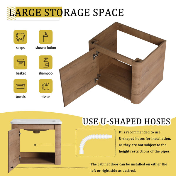 English Elm 24'' 24" Wall-Mounted Bathroom Vanity with Ceramic Sink, Soft-Close Door, Plywood Build, Space-Saving Design Imitative Oak W999P317928