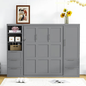 English Elm Queen Murphy Wall Bed with Wardrobe Drawers and Shelves for Studio or Guest Room Gray LP000865AAE-1