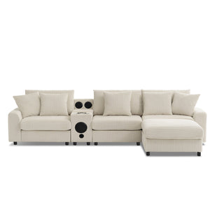 English Elm [video]112*64'' Corduroy L-shaped Sectional Cloud Sofa with Bluetooth Console Ottoman Living Room N723S1756A