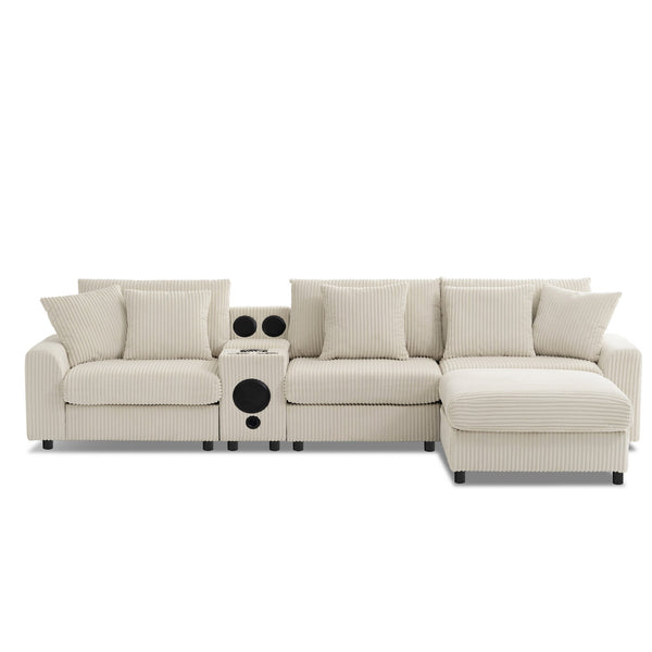 English Elm [video]112*64'' Corduroy L-shaped Sectional Cloud Sofa with Bluetooth Console Ottoman Living Room N723S1756A