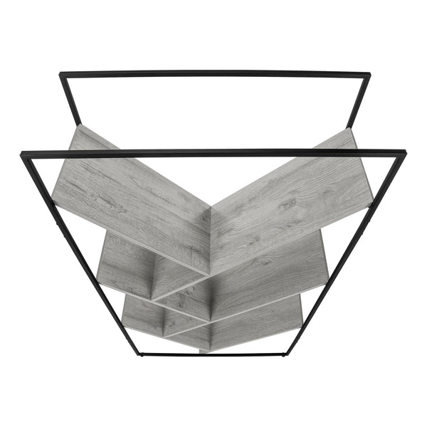 English Elm Bookshelf, 5-Tier Slanted Etagere with V-Shaped Open Shelves, Slim Black Metal Frame, 60" H Grey 39 L x 13 W x 7 H B2710P218980