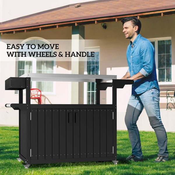 English Elm Convenient Outdoor Rolling Bar Cart with Stainless Steel Top and Hdpe Weather-proof Frame Black And Silver T3971P425208