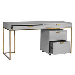 Sunpan Jiro Desk - Stylish Grey Shagreen with Antique Brass Hardware, Elegant Design & Ample Storage Space