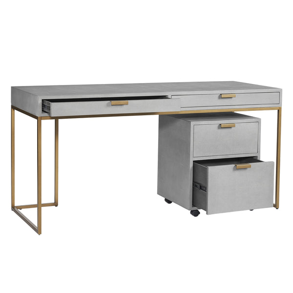 Sunpan Jiro Desk - Stylish Grey Shagreen with Antique Brass Hardware, Elegant Design & Ample Storage Space