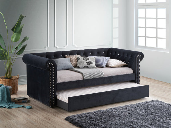 English Elm Luxurious Tufted Daybed with Nailhead Trim and Built-In Trundle — Elegant Rolled Arms, Plush Fabric Comfort Black 41.88 L x 16 W x 6.25 H B011S01634