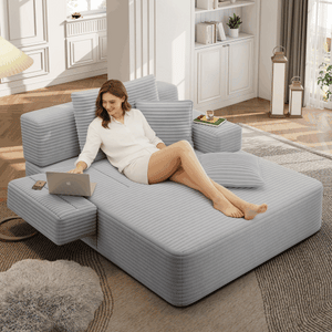 English Elm Luxurious Corduroy Convertible Chaise Lounge Sofa Bed with Foam Support for Apartments Light Grey W3219P449013