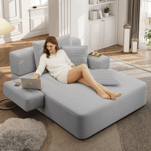 English Elm Luxurious Corduroy Convertible Chaise Lounge Sofa Bed with Foam Support for Apartments Light Grey W3219P449013