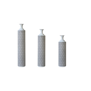 English Elm Floor Metal Vases Set of 3 White & Black Glazed Metal Cylinder Vases Tall Textured Gold Accent Decor W2796P278066