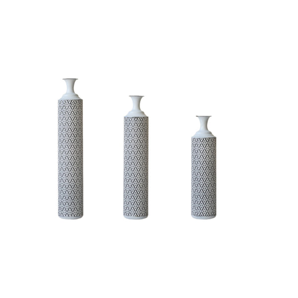 English Elm Floor Metal Vases Set of 3 White & Black Glazed Metal Cylinder Vases Tall Textured Gold Accent Decor W2796P278066