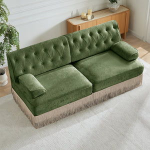 English Elm Soft Velvet Chesterfield Sectional Sofa Tufted Tassel Fringe Skirt Modular Living Room Green W714S01703