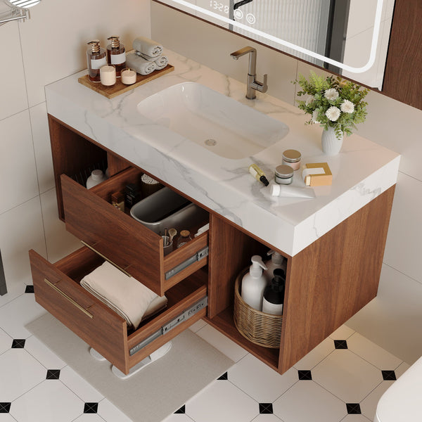 English Elm 39.4 Inch Floating Bathroom Vanity Sintered Stone Top Solid Wood 2 Soft Close Drawers W3136S00034