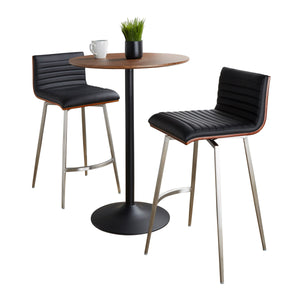 English Elm - Mid-century Modern 3 Piece Counter Bar Set Swivel Stools Walnut Faux Leather Black B202S01416