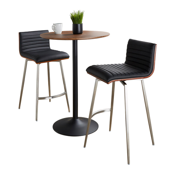 English Elm - Mid-century Modern 3 Piece Counter Bar Set Swivel Stools Walnut Faux Leather Black B202S01416