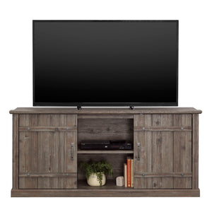 English Elm Credenza, Rustic 70" TV Stand with Sliding Barn Doors, Adjustable Shelves, Cord Management, 62" Pine Wood B356P354487