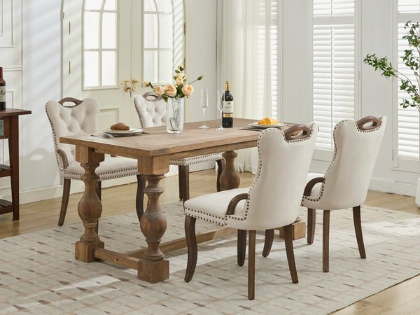 English Elm Velvet Upholstered Dining Chair with Handmade Tufting, Solid Wood Handles, Copper Nail Trim, Set of 2 Beige W1143P338140