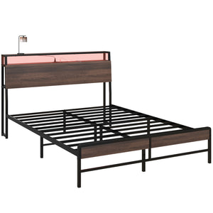 English Elm HOMCOM LED Platform Queen Bed Frame with USB-C Charging Station, 3-Tier Shelf, Noise-Free Support Walnut W2225P249912