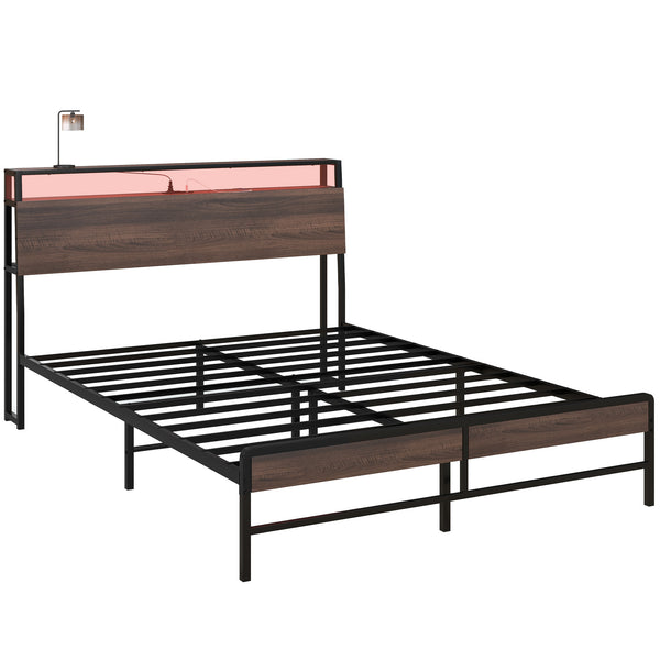 English Elm HOMCOM LED Platform Queen Bed Frame with USB-C Charging Station, 3-Tier Shelf, Noise-Free Support Walnut W2225P249912
