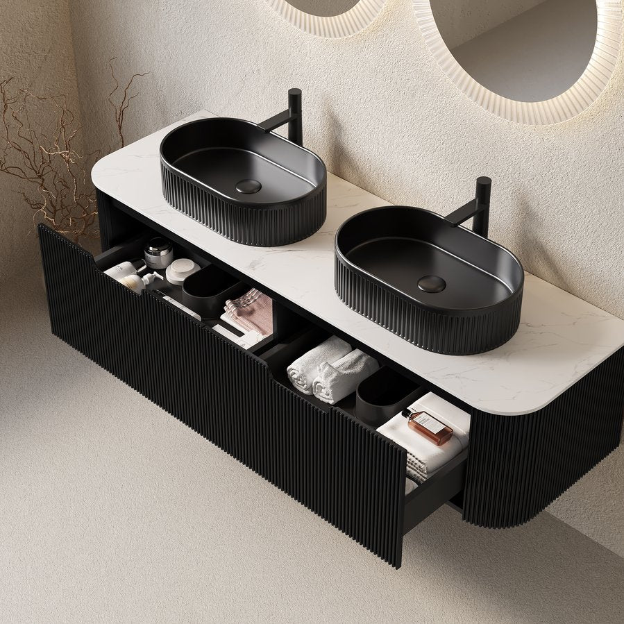 English Elm Dina 60 Inch Floating Bathroom Vanity Sintered Stone Top Dual Glass Basins Wood Grain Black,Carrara White W2615S00200