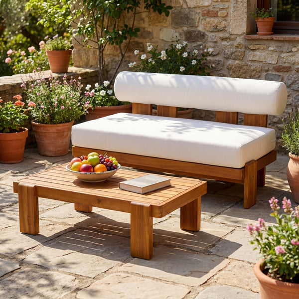 English Elm Patio Acacia Wood Loveseat and Coffee Table Set for Outdoor Lounge Spaces N776P387848B