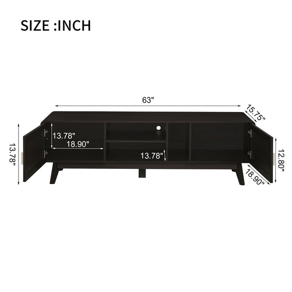 English Elm 63'' Dark Rattan TV Stand with 2 Cabinets, Bohemian Modern Media Console, Solid Wood Legs & Cable Management N710P182433B