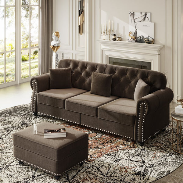 English Elm Upholstered Velvet Chesterfield Sofa with Button Tufting Brass Nailhead and Ottoman Brown W1885S00392