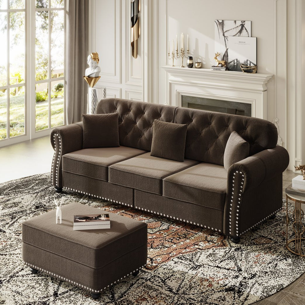 English Elm 82.6"upholstered Velvet Chesterfield Sofa with Button Tufting Nailhead Trim Rolled Arms Brown W1885S00371