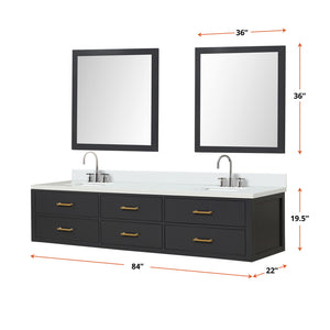 English Elm Black Double Bath Vanity 84" W X 22" D With White Quartz Top, Chrome Faucets & Matching Mirrors Set B2731S01849