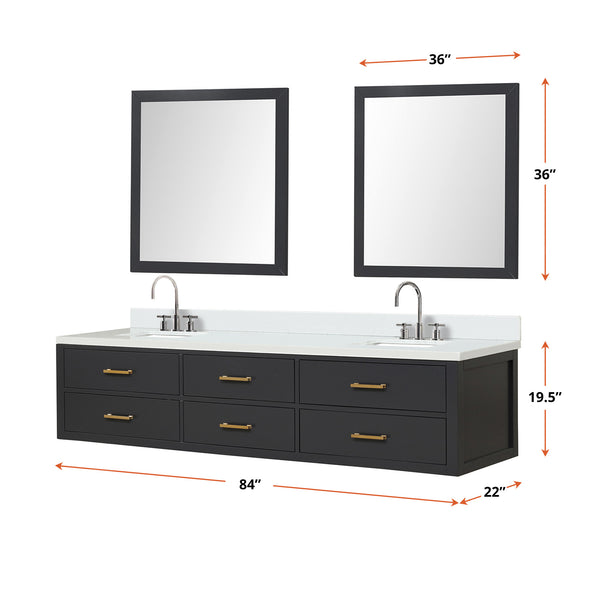 English Elm Black Double Bath Vanity 84" W X 22" D With White Quartz Top, Chrome Faucets & Matching Mirrors Set B2731S01849