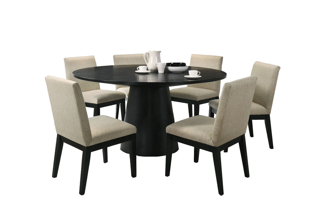 English Elm Jacopo Round Pedestal Dining Set Seats Six Ebony Table Beige Upholstered Chairs B2749S00289