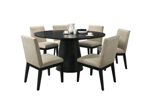 English Elm Jacopo Round Pedestal Dining Set Seats Six Ebony Table Beige Upholstered Chairs B2749S00289