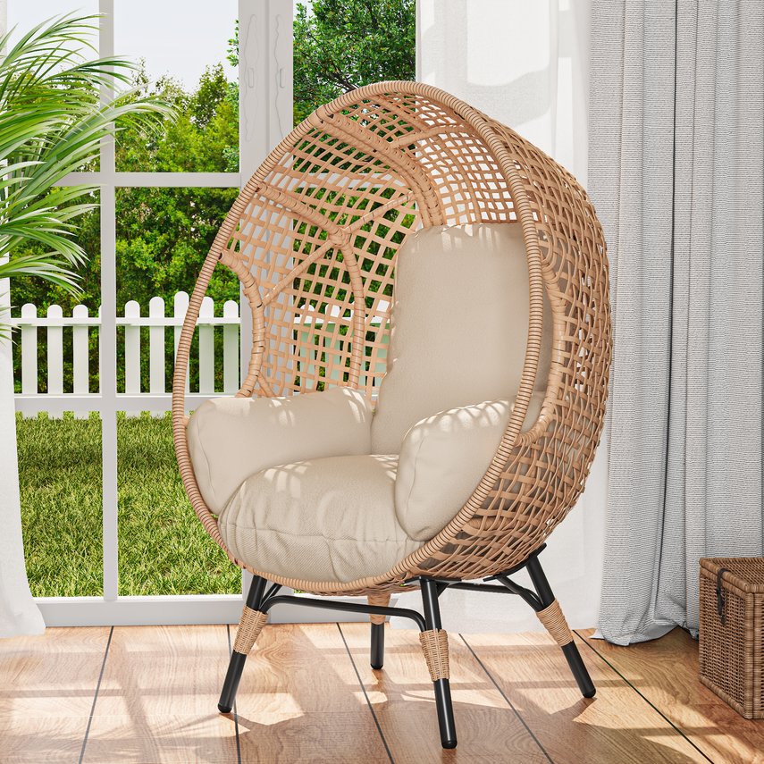 English Elm Elegant Pe Rattan Hanging Egg Chair Woven Swing with Thick Cushion for Patio Garden W3979P392988