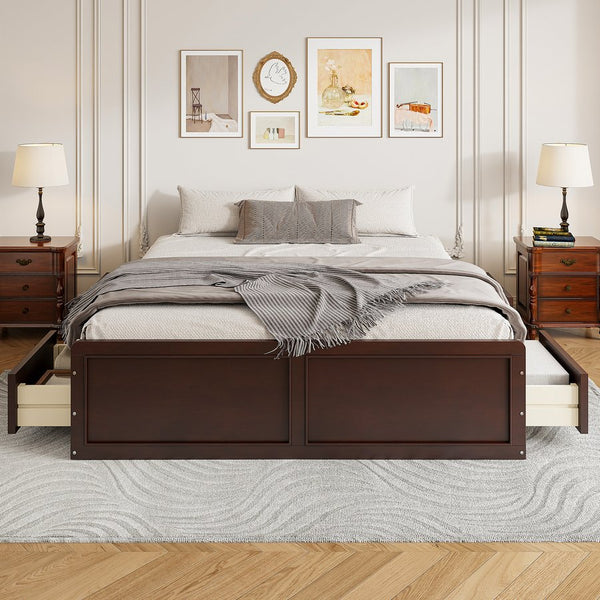 English Elm Wood Queen Platform Bed Solid Pine Frame Six Storage Drawers No Box Spring Needed Espresso N709P241723P-1