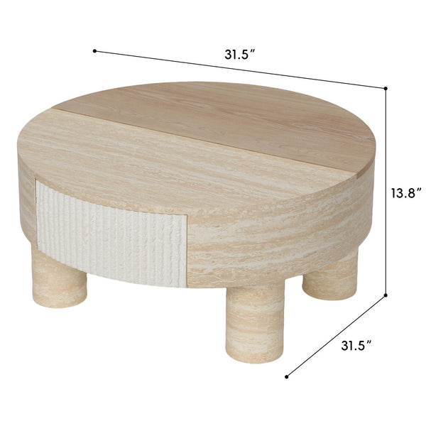 English Elm Round Fluted Coffee Table with Flip Top Hidden Storage Drawers for Small Living Rooms W3040P428644