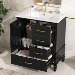 English Elm Christopher Knight Home® - 30" Bathroom Vanity with Ceramic Sink, Acacia & MDF Cabinet, Soft-Close Door & Drawers Black N759P346895B