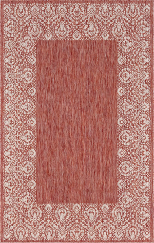 Unique Loom Outdoor Border Floral Border Machine Made Floral Rug Rust Red, Ivory 5' 3" x 8' 0"