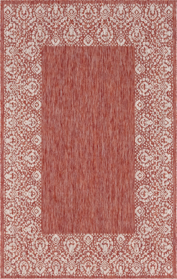 Unique Loom Outdoor Border Floral Border Machine Made Floral Rug Rust Red, Ivory 5' 3" x 8' 0"