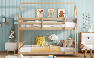 English Elm Twin House Floor Bunk Bed – Charming Rubberwood Design With Safety Guardrails, Ladder & White Oak Finish W504P227973-GIGA