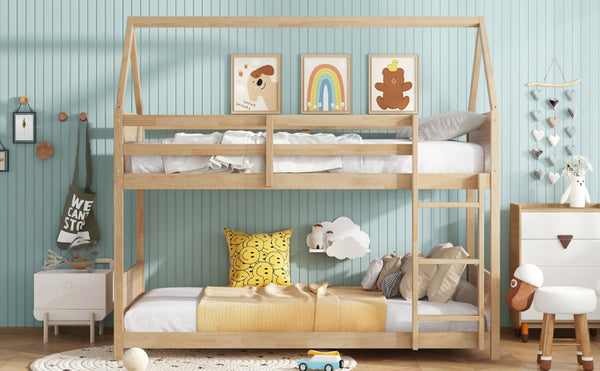 English Elm Twin House Floor Bunk Bed – Charming Rubberwood Design With Safety Guardrails, Ladder & White Oak Finish W504P227973-GIGA