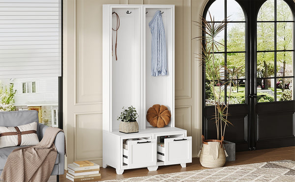 English Elm On-Trend Elegant Hall Tree Set Of 2 - 3-In-1 Entryway Coat Rack With Bench, Drawers & Hooks, White N721P249242K-GIGA