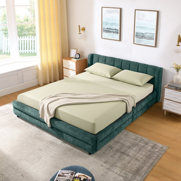 English Elm Queen Chenille Upholstered Storage Bed Wingback Headboard Platform Frame Bedroom Blue+Green W487S00419