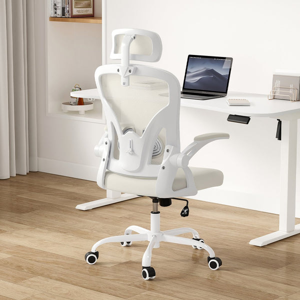 English Elm Ergonomic High Back Mesh Desk Chair with Flip up Arms and Adjustable Lumbar Support Beige,White T3623P434264