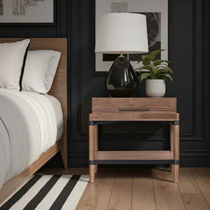 English Elm Tranquilty Mid-century Walnut Veneer Nightstand Open Shelf Tapered Legs Bedroom Storage B108P411445