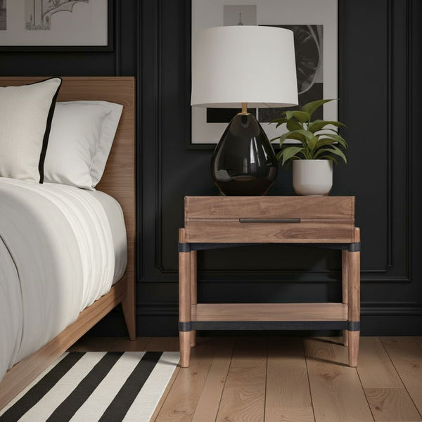 English Elm Tranquilty Mid-century Walnut Veneer Nightstand Open Shelf Tapered Legs Bedroom Storage B108P411445