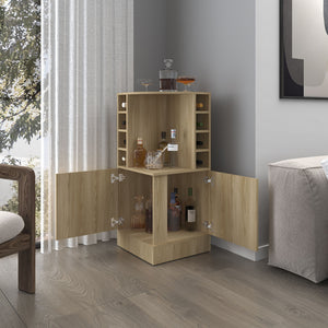 English Elm FM Corner Bar Cabinet with 8-Bottle Rack, Open Display Shelves and Hidden Storage for Home Entertaining Natural Wood 47.2 L x 23.2 W x 4.7 H B128P269880