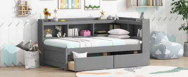 English Elm Twin Size L-Shaped Bookcase Bed With Usb Charging, Drawers, And Stylish Grey Finish For Modern Rooms W504S00218-GIGA