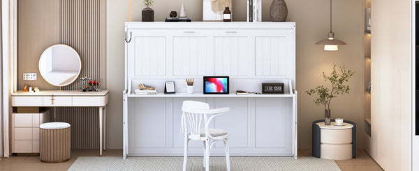 English Elm Full Size Murphy Bed With Hydraulic Lift & Integrated Desk - Space-Saving, Stylish Design In White N820S10032K