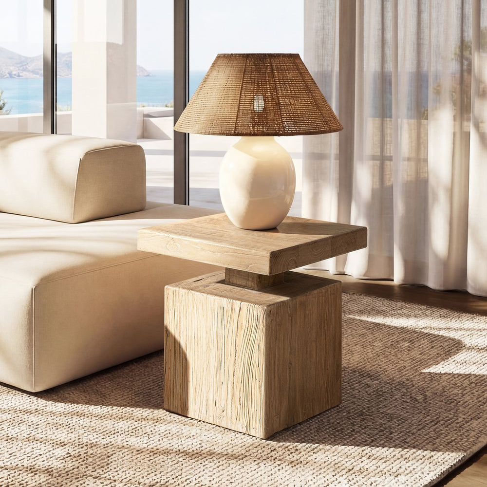 English Elm Calder Reclaimed Elm Block Plinth Side Table Sculptural Solid Wood Accent B2719P474461