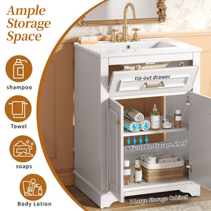English Elm 24" Matte Single Sink Vanity Solid Poplar Frame Gold Hardware Soft Close Cabinet White N710P389449K